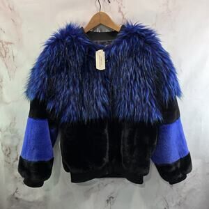 Shaci Coat Womens Medium Blue Black Faux Fur Colorblock Bomber Glam Mob Retro